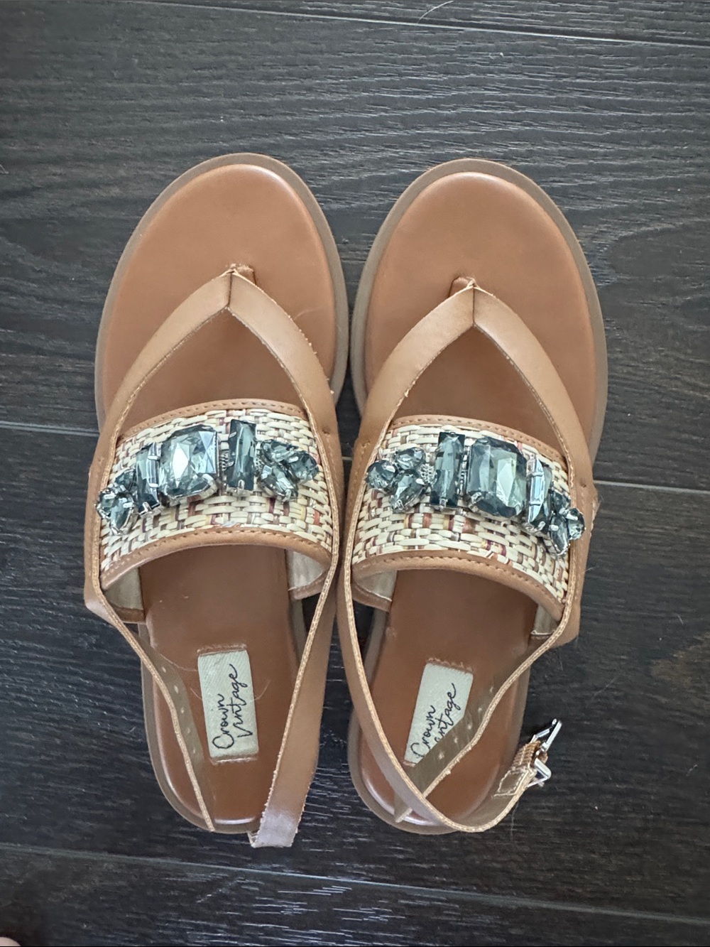 Crown Vintage Tan Woven Slingback Sandals with Silver Crystal Accents